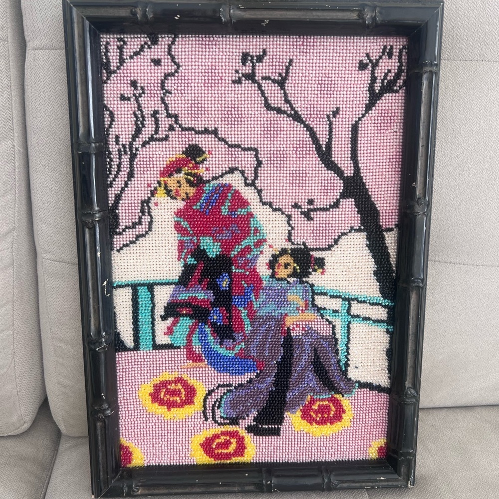 Vintage Beaded Geisha and Blossom tree wall hanging